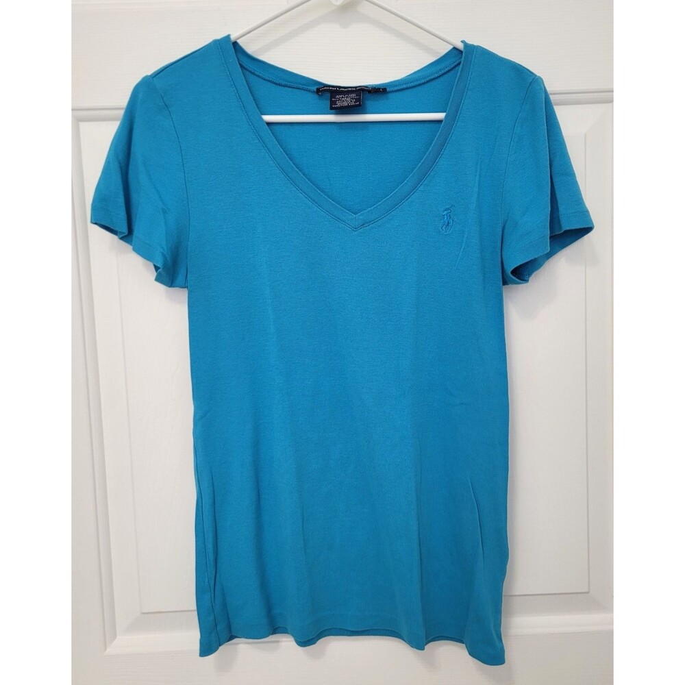 Ralph Lauren Sport Womens Large V-Neck T-Shirt Teal Blue Pima Cotton Pony Peru